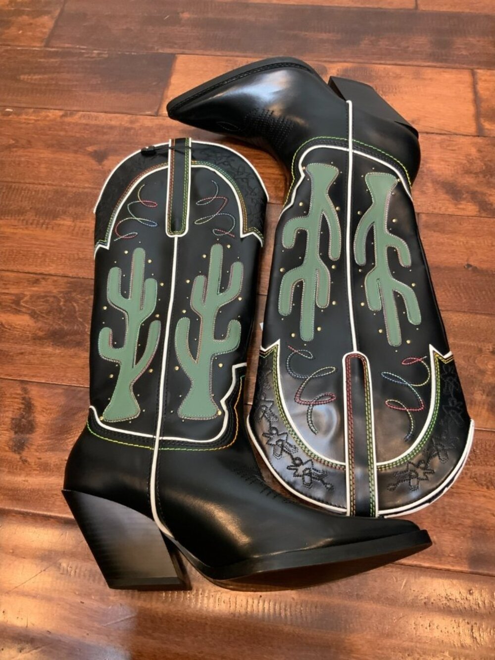 Zara Black Contrasting Knee High Cactus Embroidered Cowboy Boots, Size 9 NEW! - Picture 9 of 11